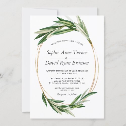 Watercolor Olive Leaves Gold Frame Wedding Invitation