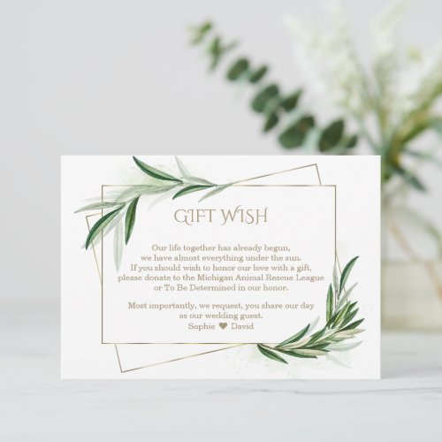 Watercolor Olive Leaves Gold Wedding Gift Wish   Enclosure Card