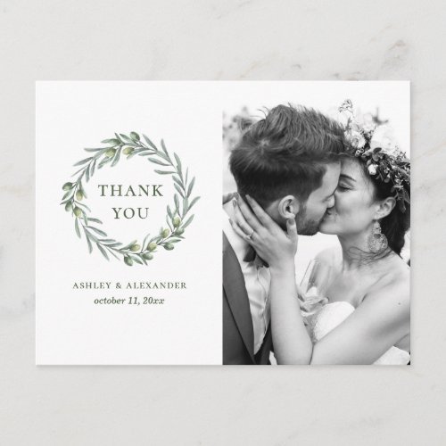 Watercolor olive leaves Italian wedding thank you Postcard