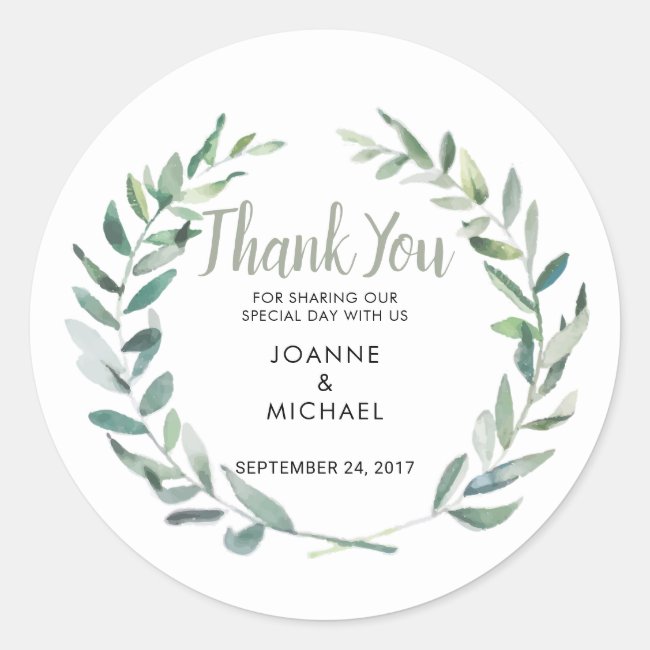 Watercolor olive leaves Wedding Thank You Favor Classic Round Sticker
