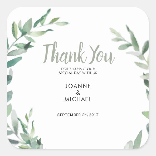 Watercolor olive leaves Wedding Thank You Favor Square Sticker