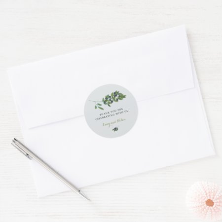 Watercolor Olive Orchard Branch Wedding Gray Classic Round Sticker