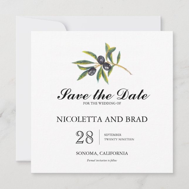 Watercolor Olive Tree Branch | Save the Date (Front)