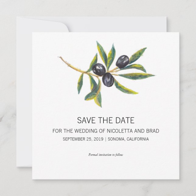 Watercolor Olive Tree Branch | Save the Date (Front)