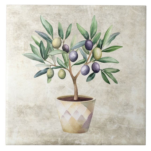 Watercolor Olive Tree Tuscan Faux Texture  Ceramic Tile (Front)