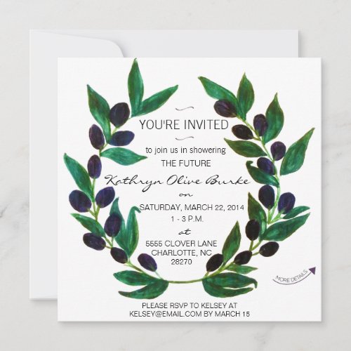 Watercolor Olive Wreath Bridal Shower Invitation