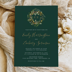 Watercolor Olive Wreath Emerald Green Gold Wedding Invitation