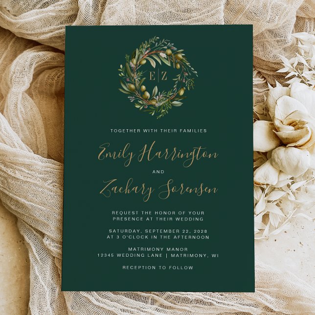 Watercolor Olive Wreath Emerald Green Gold Wedding Invitation (Creator Uploaded)