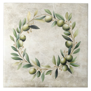 Watercolor Olive Wreath Faux Texture Ceramic Tile