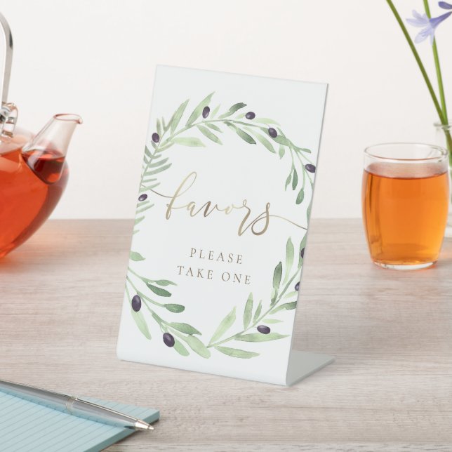 watercolor olive wreath favors pedestal sign (In SItu)