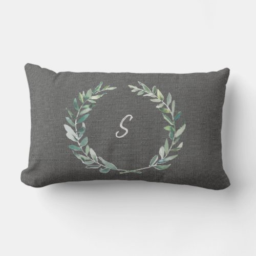 Watercolor olive wreath gray burlap monogram lumbar pillow