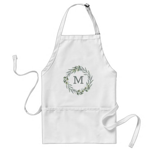 Watercolor olives Italian greenery monogram Adult Apron