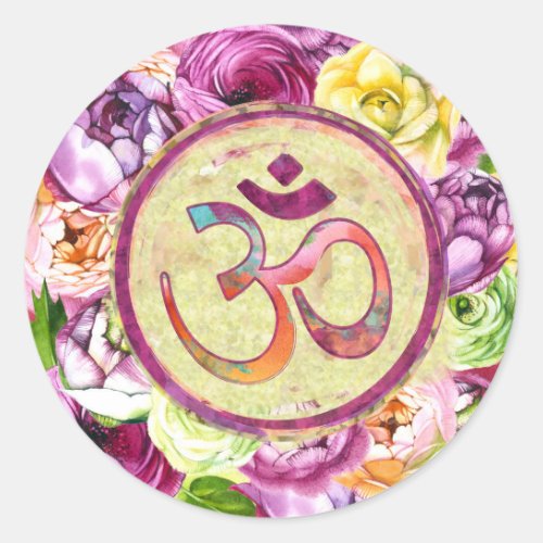 Watercolor OM symbol  with flowers Classic Round Sticker