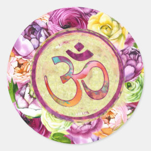 Watercolor OM symbol with flowers Classic Round Sticker