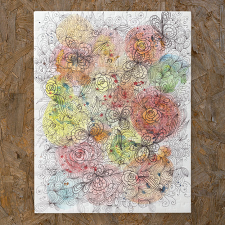 Watercolor Ombre and Ink Floral Doodle Artwork 