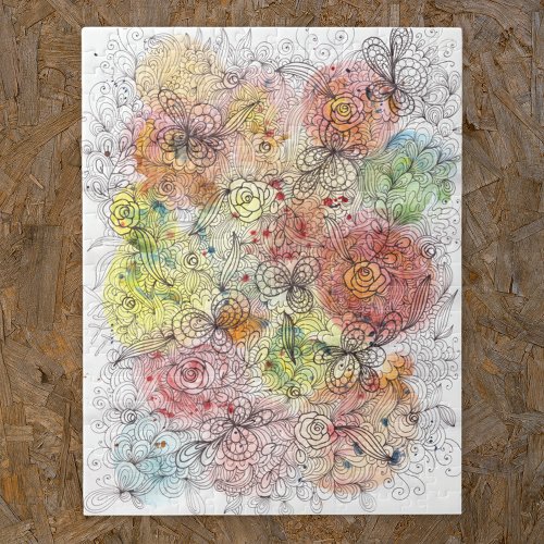 Watercolor Ombre and Ink Floral Doodle Artwork  Jigsaw Puzzle
