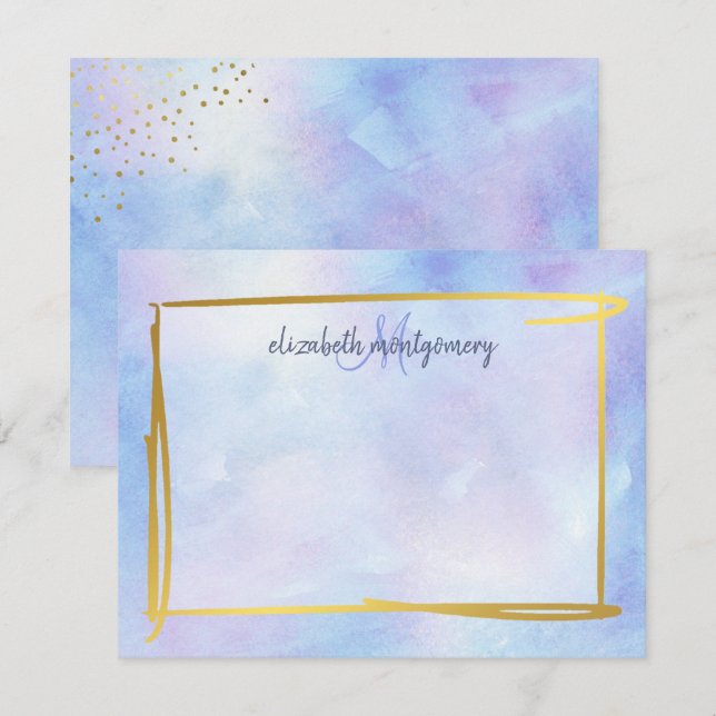 Watercolor Ombre Blue Purple Gold Personalized Note Card (Front/Back)