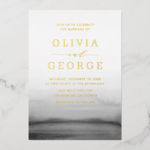 Watercolor Ombre Dark Gray Modern Wedding Foil Invitation