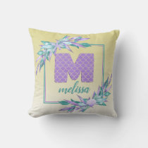 Watercolor Ombre Glitter Mermaid Scales Monogram Throw Pillow