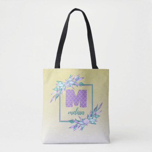 Watercolor Ombre Mermaid Scales Purple Monogram Tote Bag