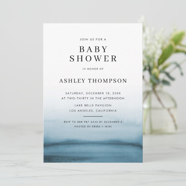 Watercolor Ombre Navy Blue Modern Baby Shower Invitation (Standing Front)
