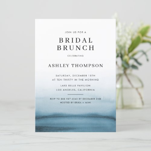 Watercolor Ombre Navy Blue Modern Bridal Brunch Invitation