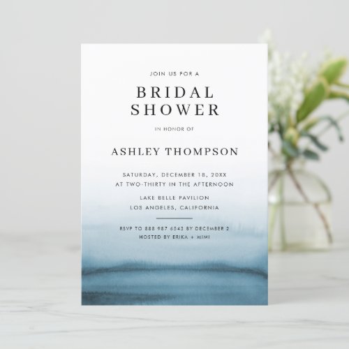 Watercolor Ombre Navy Blue Modern Bridal Shower Invitation
