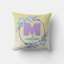 Watercolor Ombre Purple Mermaid Scales Monogram Throw Pillow