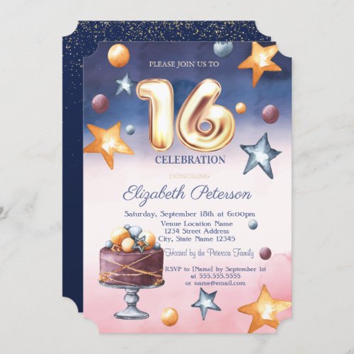 Watercolor Ombre Stars Cake Sweet 16 Invitation