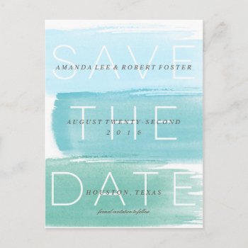 Watercolor Ombre Stripes Save The Date Postcard by OakStreetPress at Zazzle