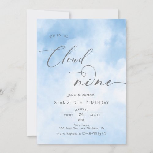 Watercolor On Cloud 9 9th Birthday Invitation