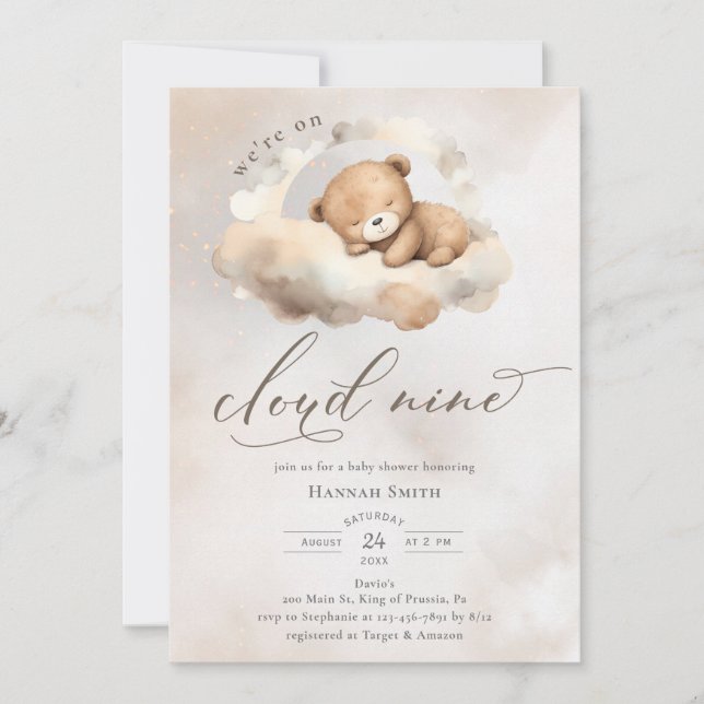 Watercolor On Cloud 9 Baby Shower Invitation (Front)