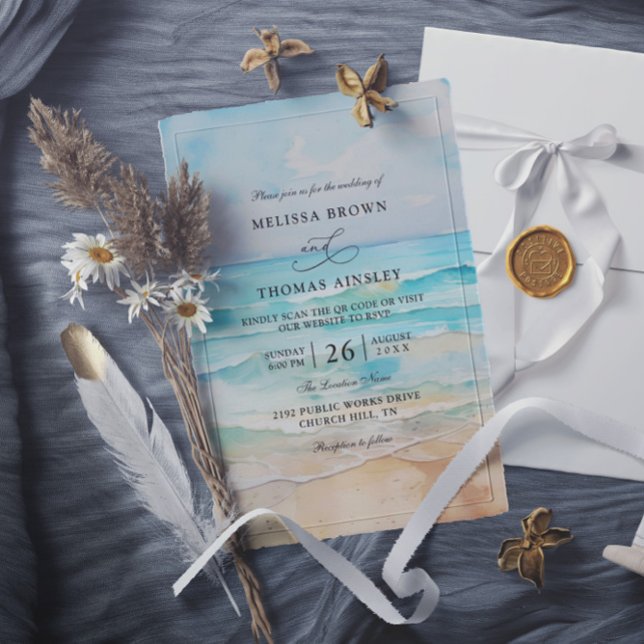 Watercolor On The Beach Budget QR Code Wedding Invitation (Creator Uploaded)