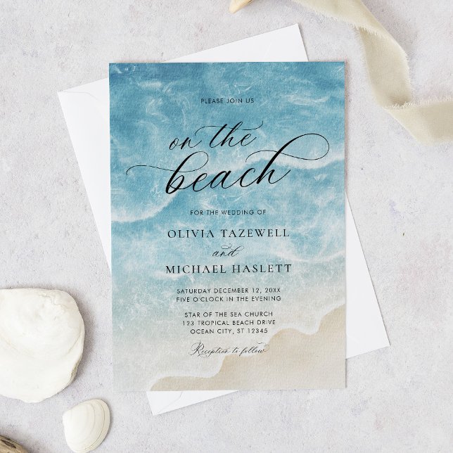 Watercolor On the Beach Elegant Script Wedding Invitation (Creator Uploaded)
