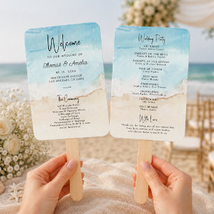 Watercolor On The Beach Summer Wedding Program Hand Fan