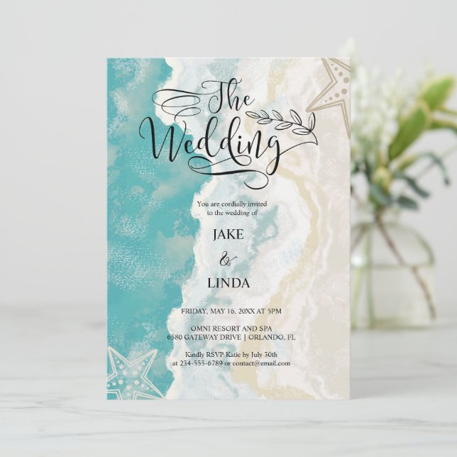 Watercolor On The Beach Waves Wedding  Invitation (Standing Front)