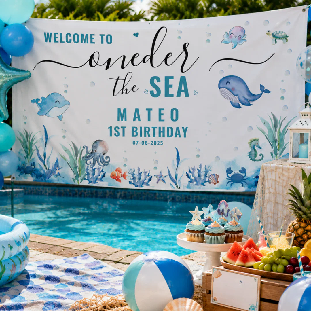 A large printed banner displayed poolside featuring watercolor sea creatures including a whale, octopus, dolphin, seahorse, crab, and clownfish against a white background with illustrated coral and seagrass, set in a real outdoor party scene complete with blue balloon garlands, a blue and white beach ball, a patterned pool float, a tiered cupcake stand with ocean-themed toppers, and a wooden tray of fresh watermelon, grapes, and tropical fruit beside a sparkling blue pool.