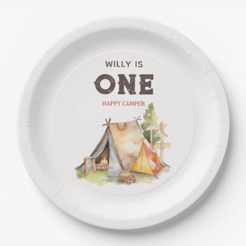 Watercolor One Happy Camper 1st Birthday Party Paper Plates