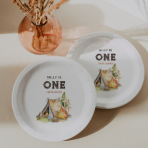 Watercolor One Happy Camper 1st Birthday Party Paper Plates