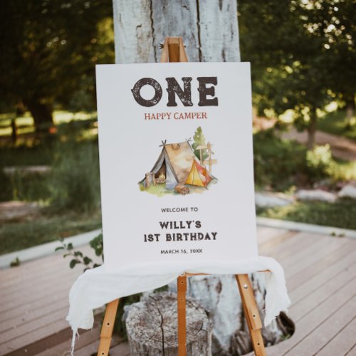 Watercolor One Happy Camper 1st Birthday Party Poster
