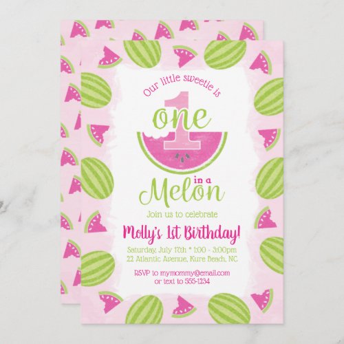 Watercolor One in a Melon 1st First Birthday Pink Invitation