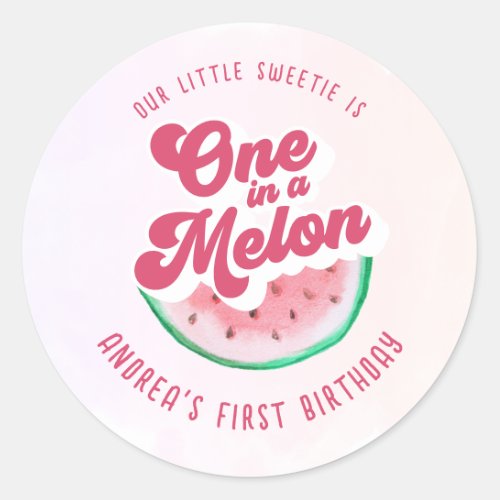 Watercolor One in A Melon Retro First Birthday Classic Round Sticker