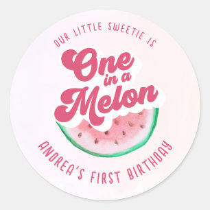 Watercolor One in A Melon Retro First Birthday Classic Round Sticker