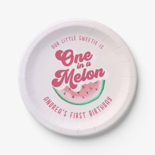 Watercolor One in A Melon Retro First Birthday Paper Plates