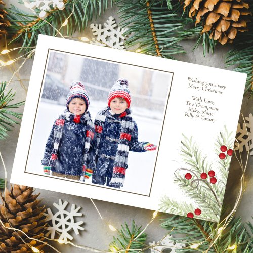 Watercolor One Photo Holly Berries Christmas Holiday Card