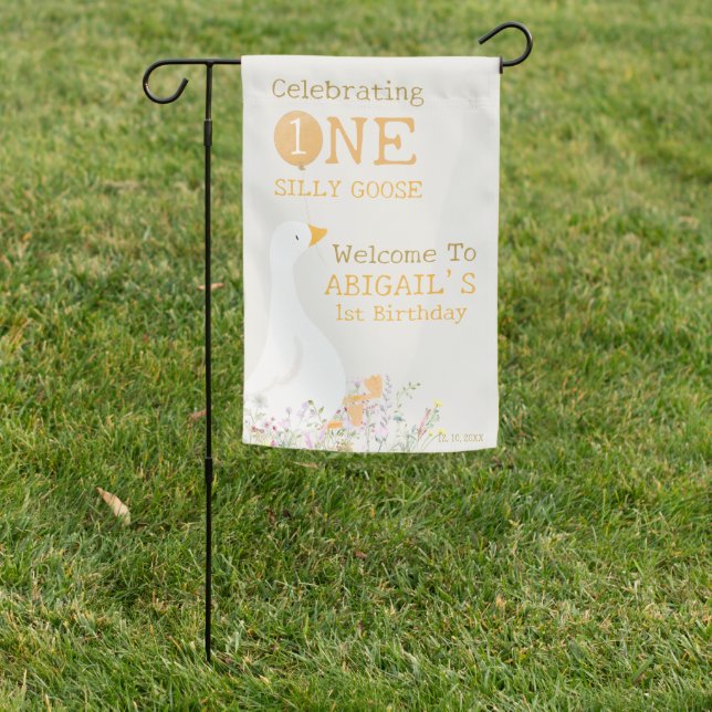 Watercolor One Silly Goose 1st Birthday Welcome Garden Flag (In SItu)