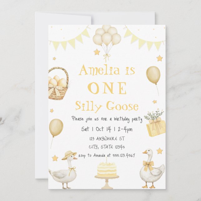 Watercolor One Silly Goose Orange Gingham Birthday Invitation (Front)