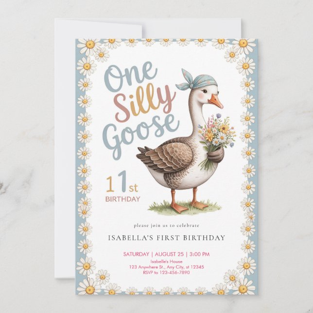 Watercolor One Silly Goose Wildflower 1st Birthday Invitation (Front)