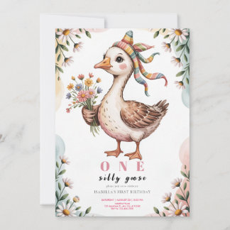 Watercolor One Silly Goose Wildflower 1st Birthday Invitation
