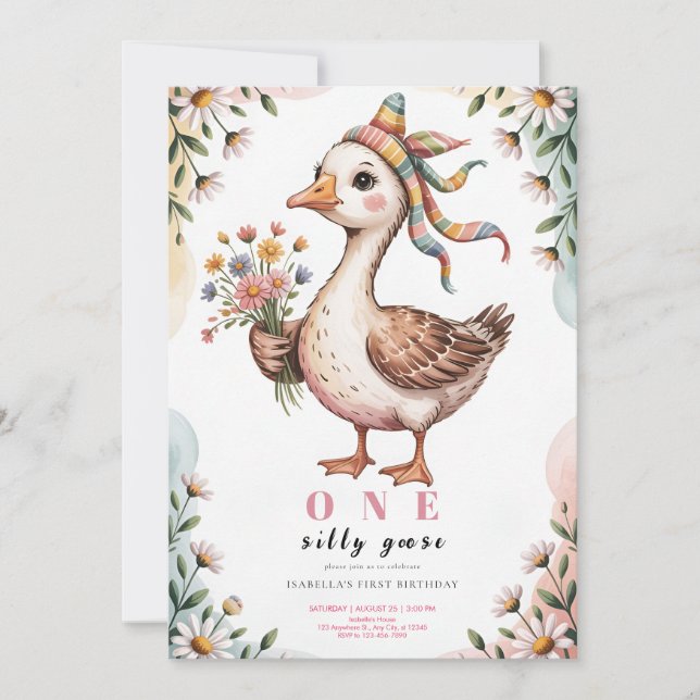 Watercolor One Silly Goose Wildflower 1st Birthday Invitation (Front)